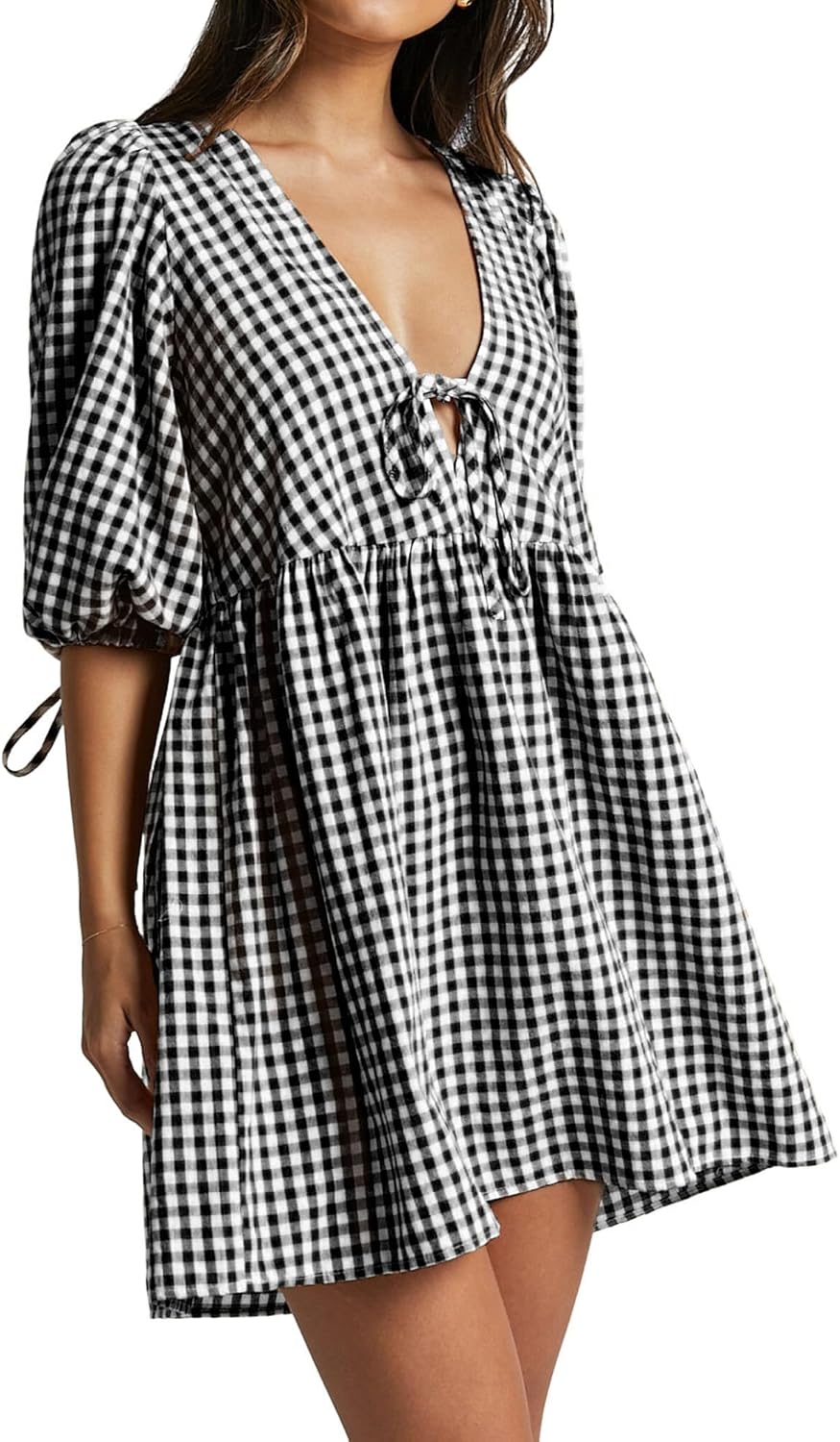 Women's Gingham Puff Sleeve Tie Front Babydoll Mini Dress Review