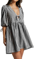 Women's Gingham Puff Sleeve Tie Front Babydoll Mini