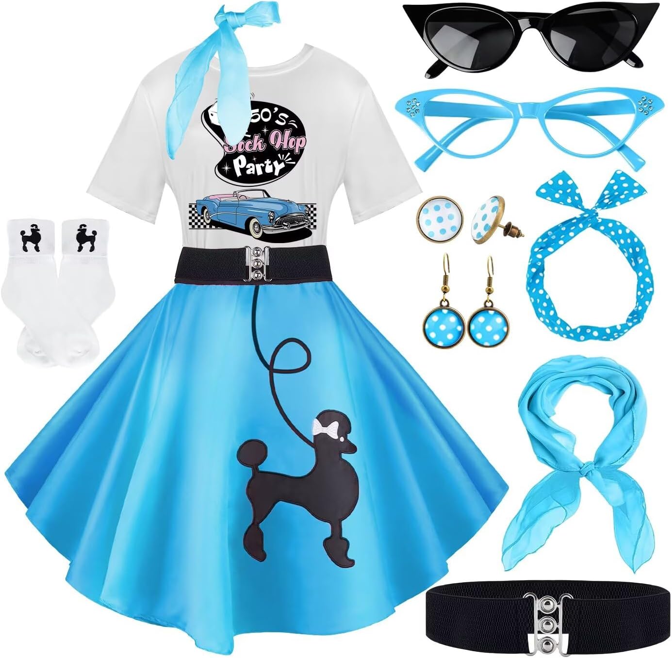 10Pcs Sock Hop Outfits Women with 1950s Poodle Skirts