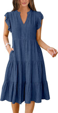 Womens Summer Ruffle Sleeve V Neck Midi Dress - Boho Flowy Fit