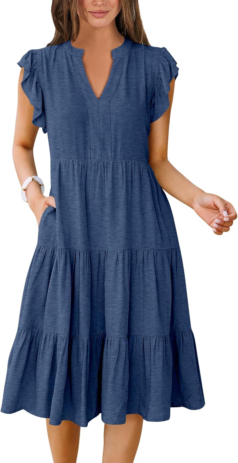 Womens Summer Ruffle Sleeve V Neck Midi Dress for Beach Fun