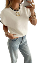 Womens Ribbed Floral Short Sleeve Crew Neck Sweater - Soft Knit