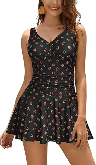 SHEKINI Women's V Neck One Piece Skirt Swimsuit for Retro Style