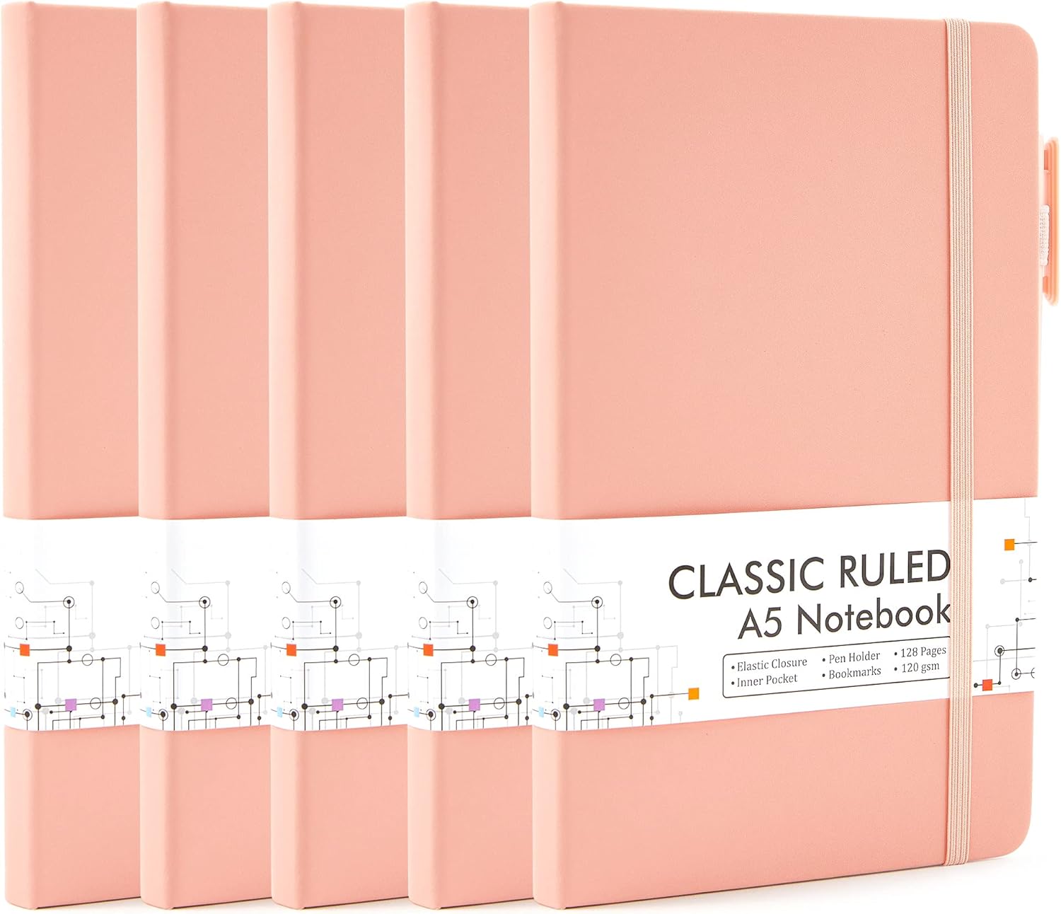 feela 5 Pack Classic Ruled Journals - Pen Holder, 5 Pens