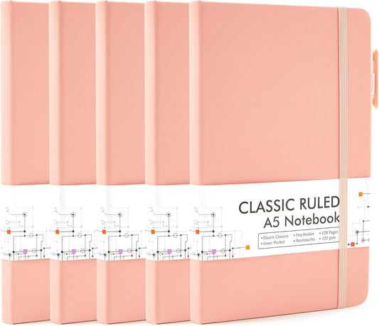 feela 5 Pack Classic Ruled Journals - Pen Holder, 5 Pens