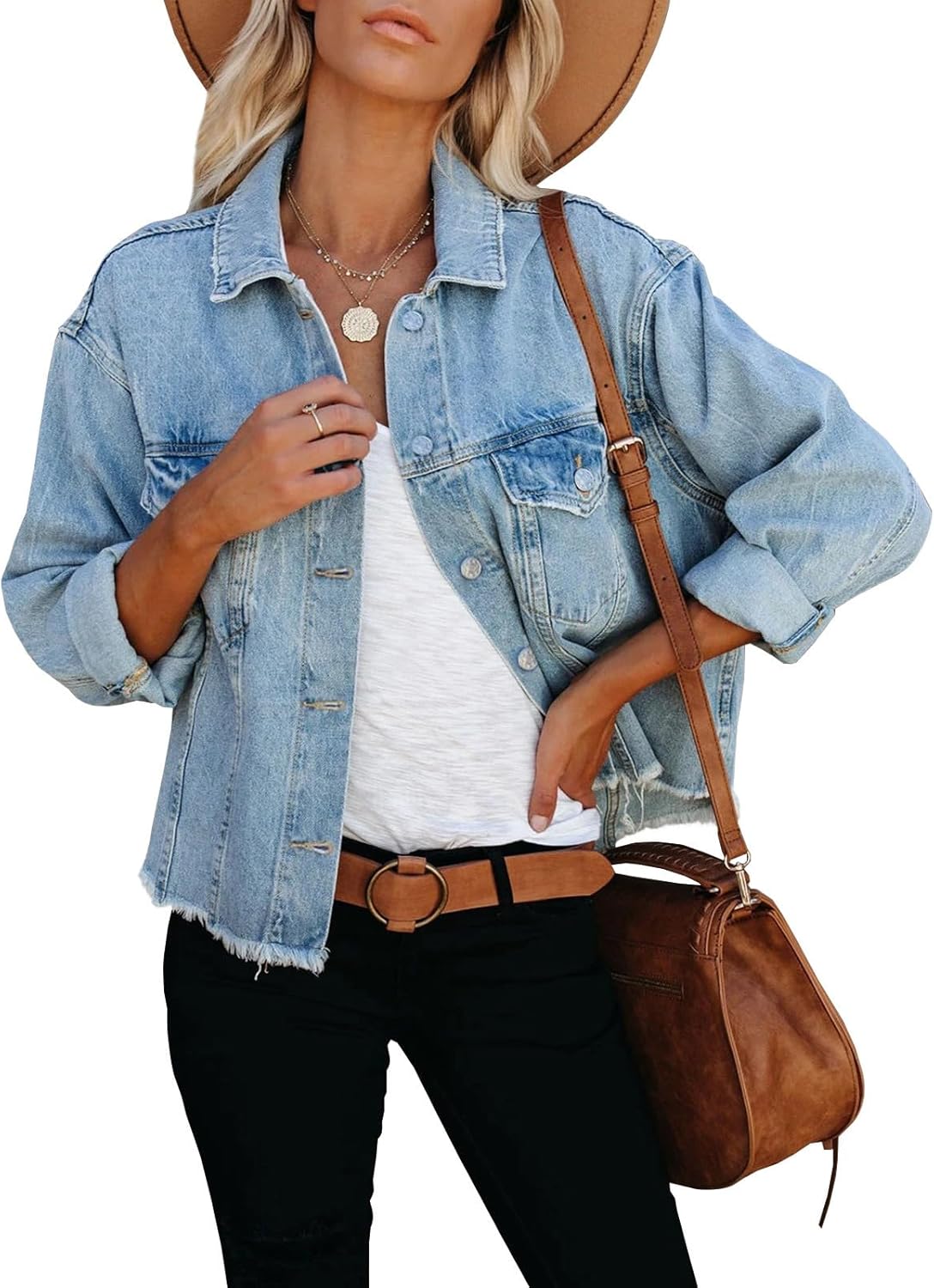 LONGBIDA Women's Frayed Washed Cropped Denim Jacket with Pockets