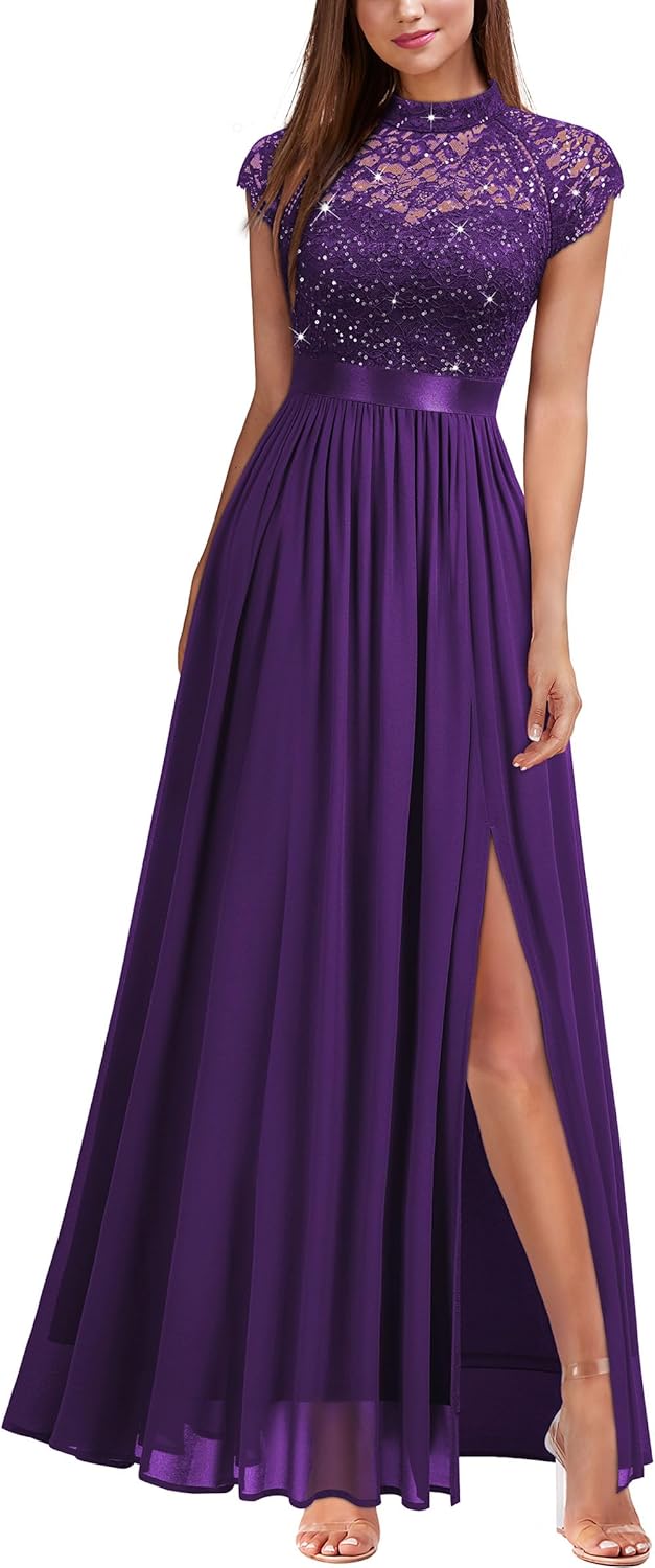 Miusol Women's Elegant Sequin Lace Contrast Chiffon Maxi Dress