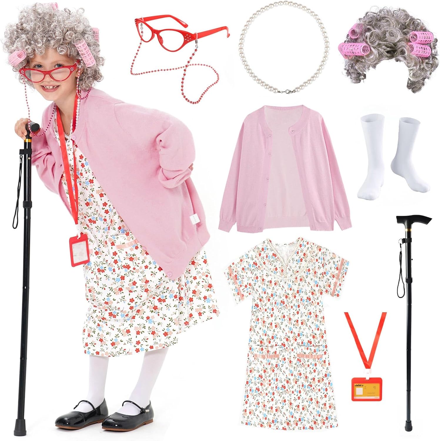 Old Lady Costume for Kids - 9 pcs Dress Up Set for Fun Events