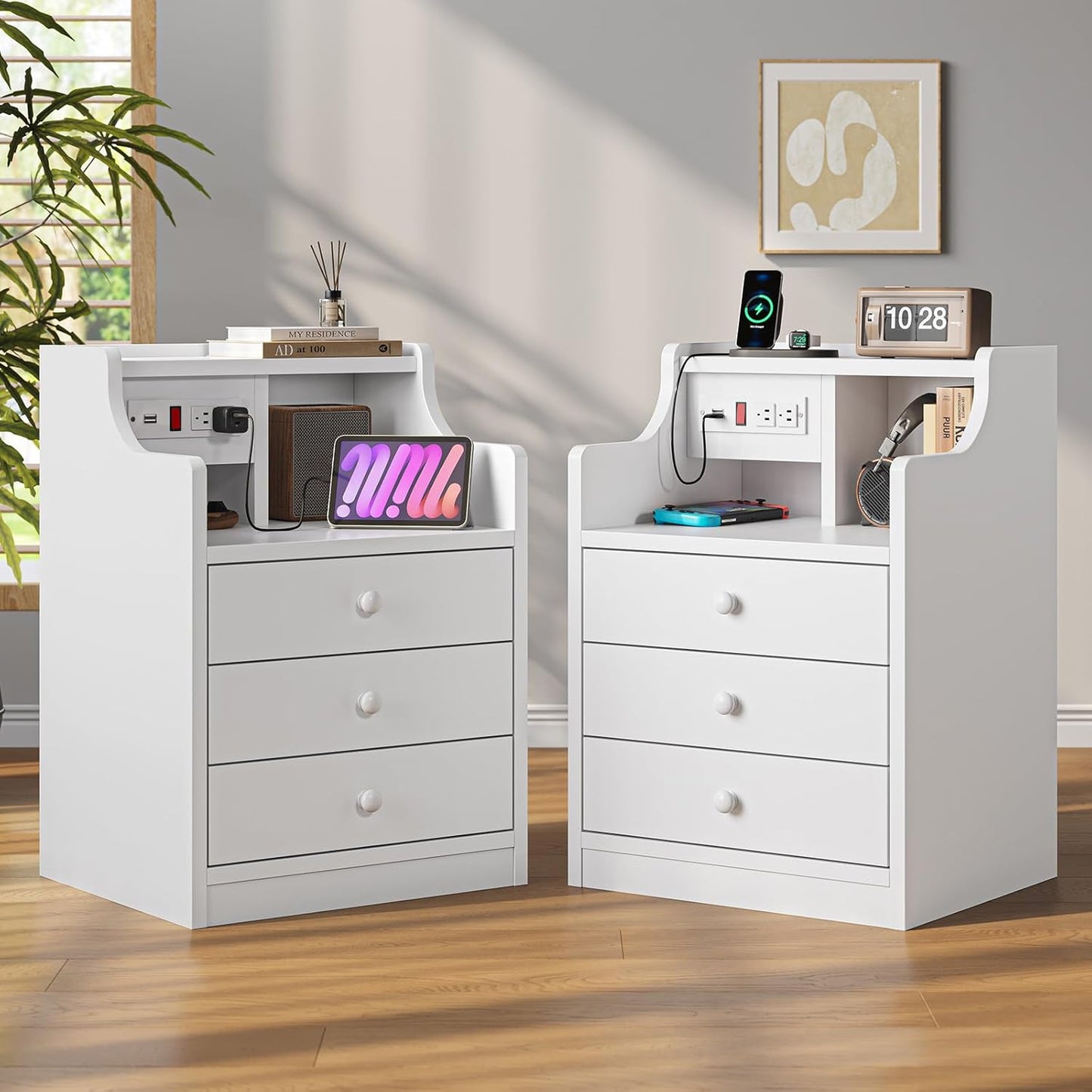 ADORNEVE Night Stand Set 2 with Charging Station and Hutch