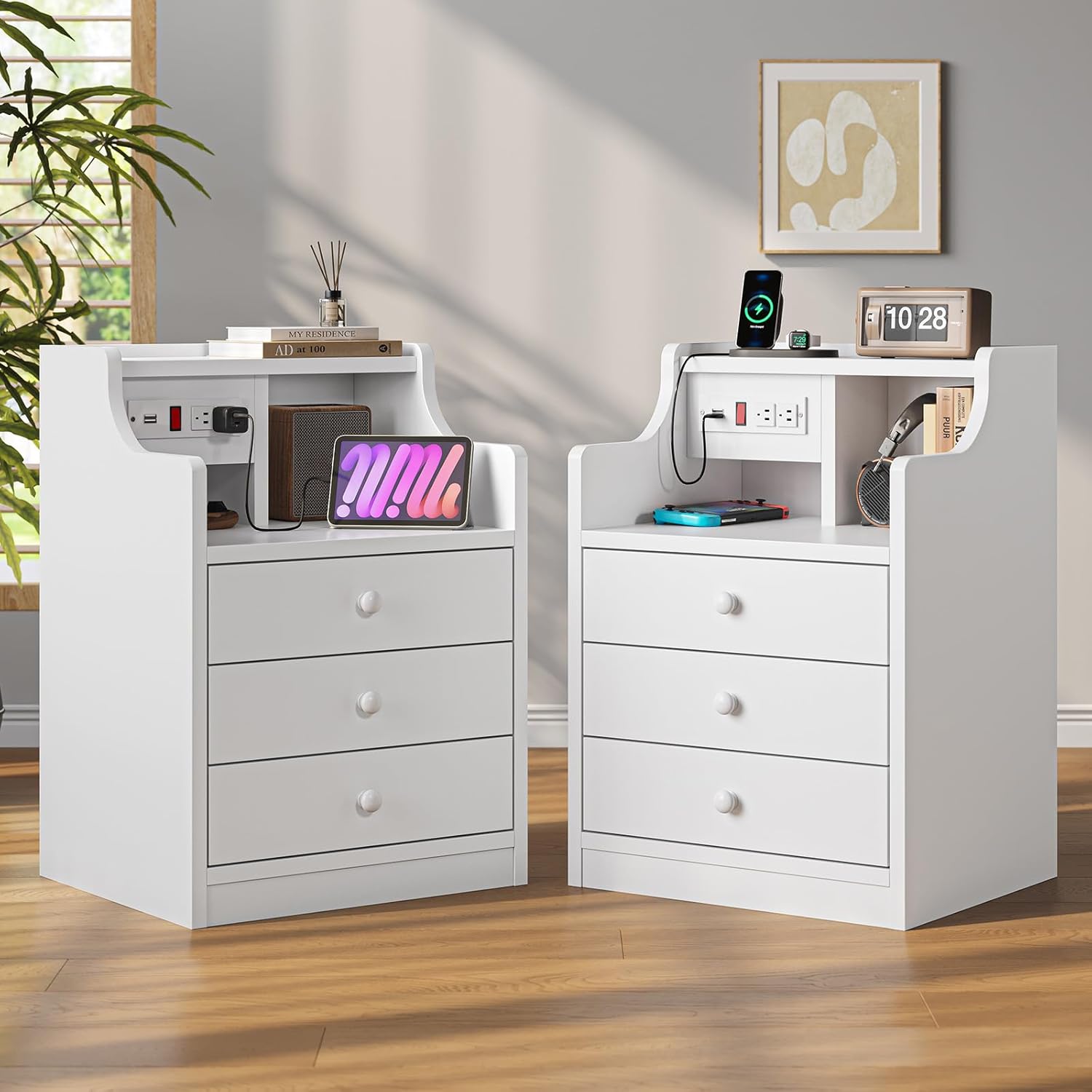 ADORNEVE Night Stand Set 2 with Charging Station and Hutch