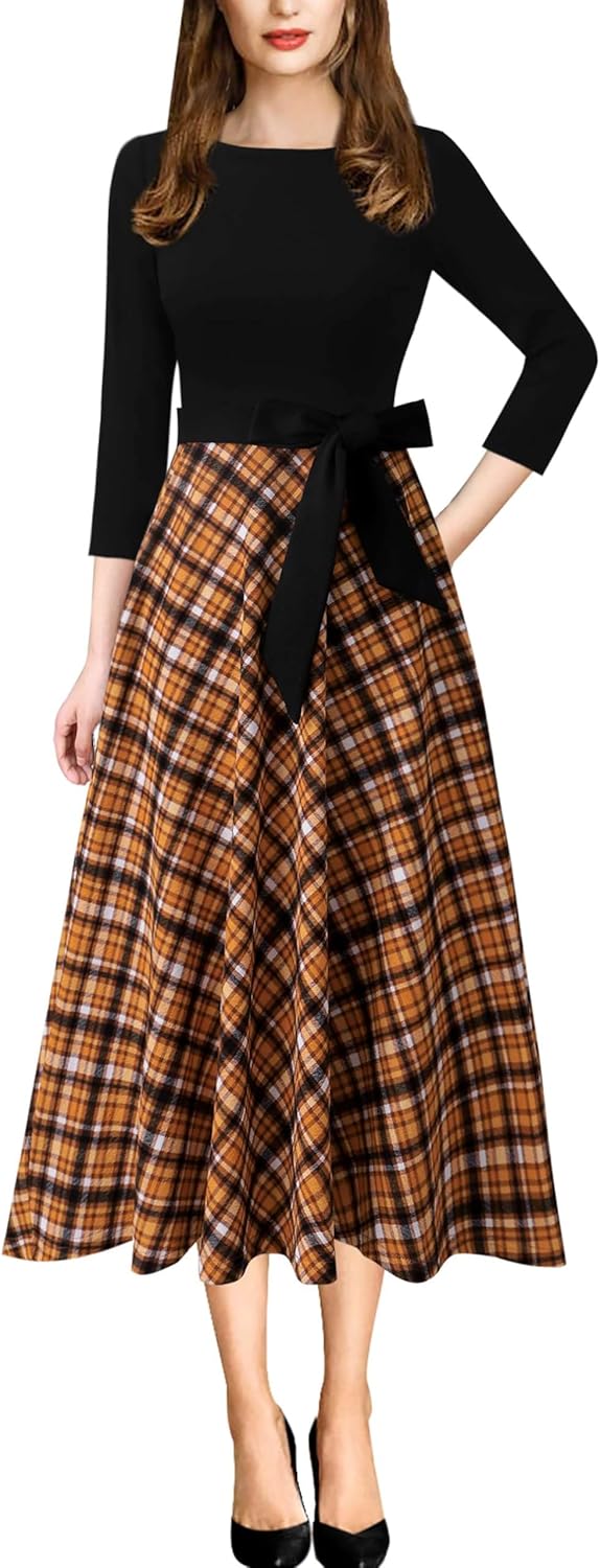 Elegant Pockets Belted A-Line Midi Dress for Women Work Party
