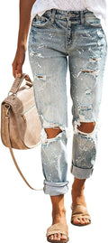 KUNMI Women's Ripped Mid Waisted Boyfriend Jeans - Relaxed Stretchy