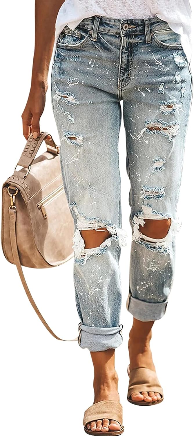 KUNMI Women's Ripped Mid Waisted Boyfriend Jeans for Comfort