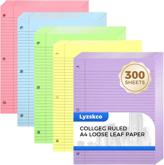 Colorful 300 Sheets College Ruled Loose Leaf Paper, 3-Hole Punched for School Office - Lyzskco