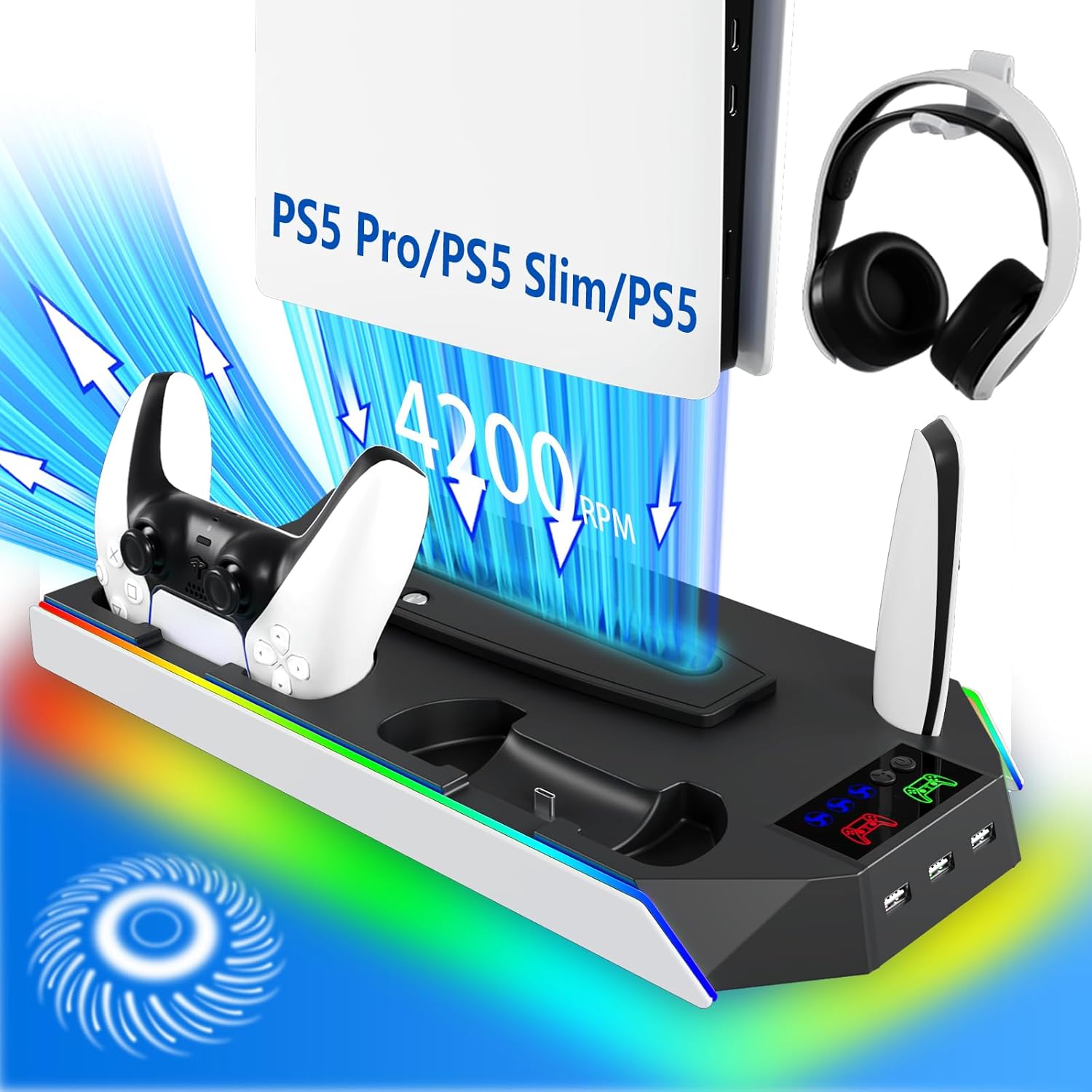 PS5 Stand and Cooling Station with RGB Charger for Controllers