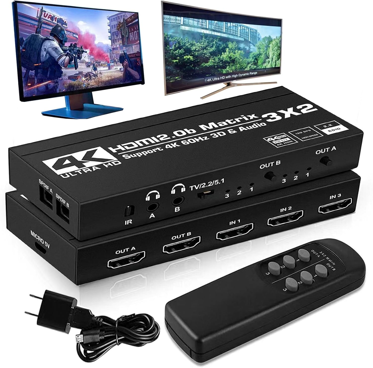 HDMI Matrix 3X2 Switch for 4K60Hz with Dual Audio Output