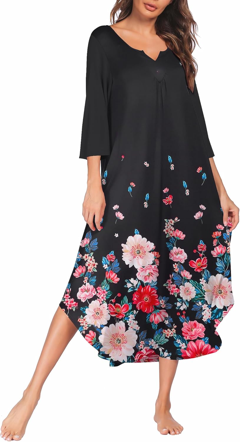 Ekouaer Long Nightgown for Women with 3/4 Sleeves and Comfort