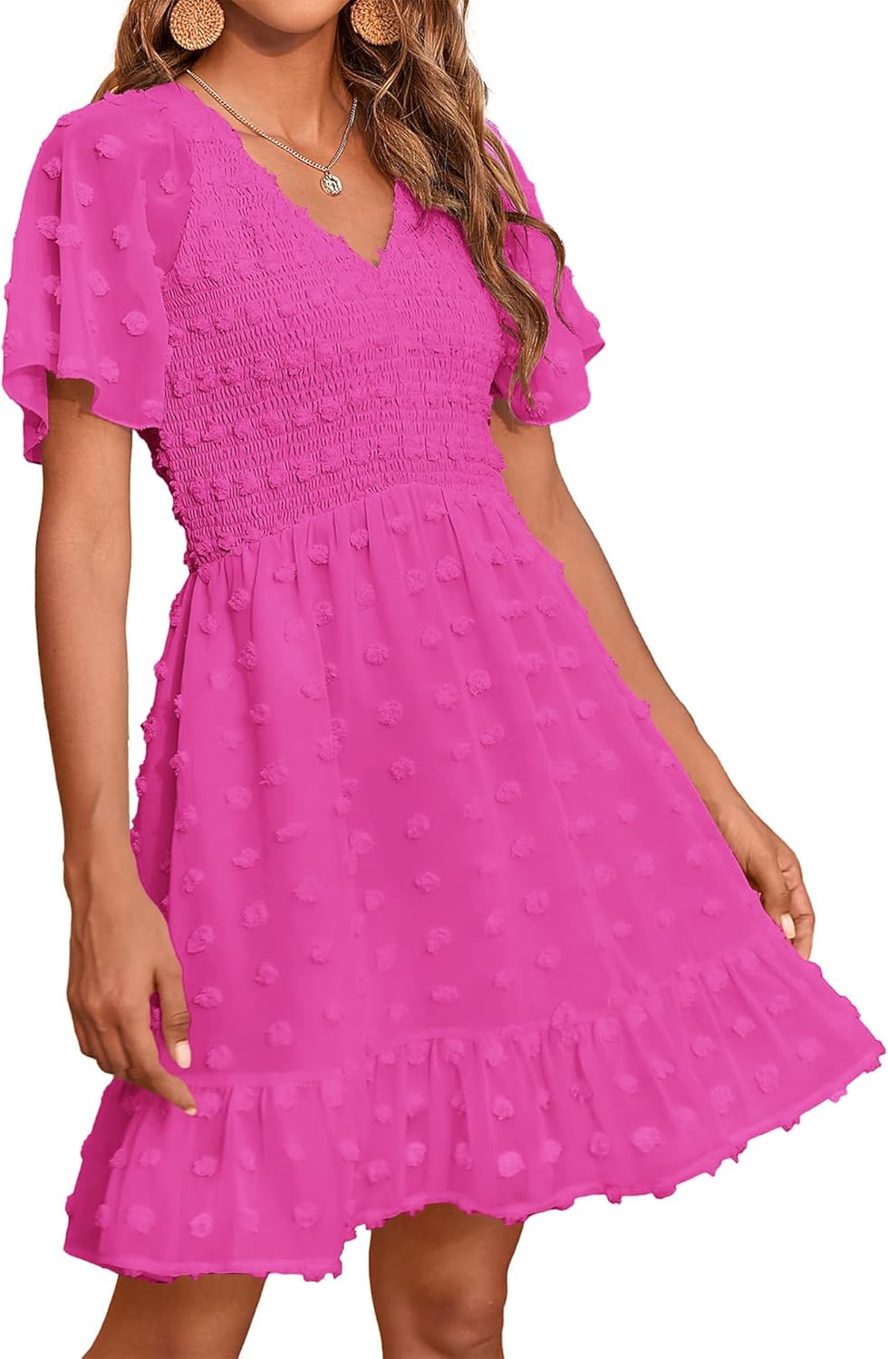 Womens Beach Vacation Dress with Cute Ruffles and Swiss Dot