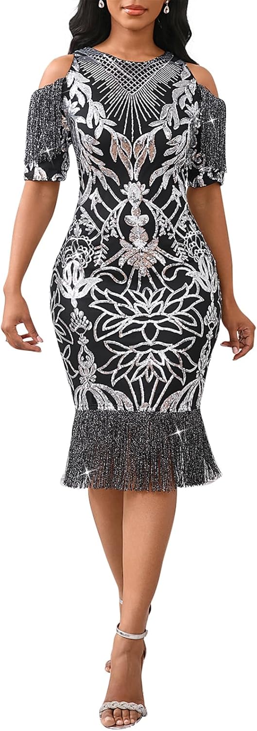 Cololura Sexy Elegant Women Sequin Bodycon Midi Dress Gown