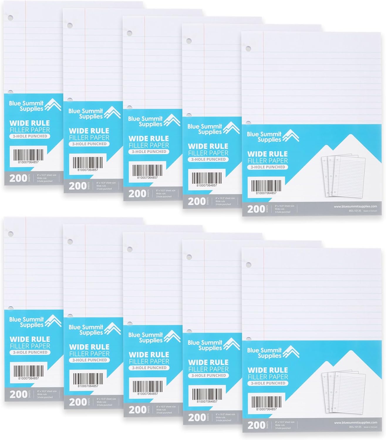 Blue Summit Wide Ruled Filler Paper - 200 Sheets x 10 Packs