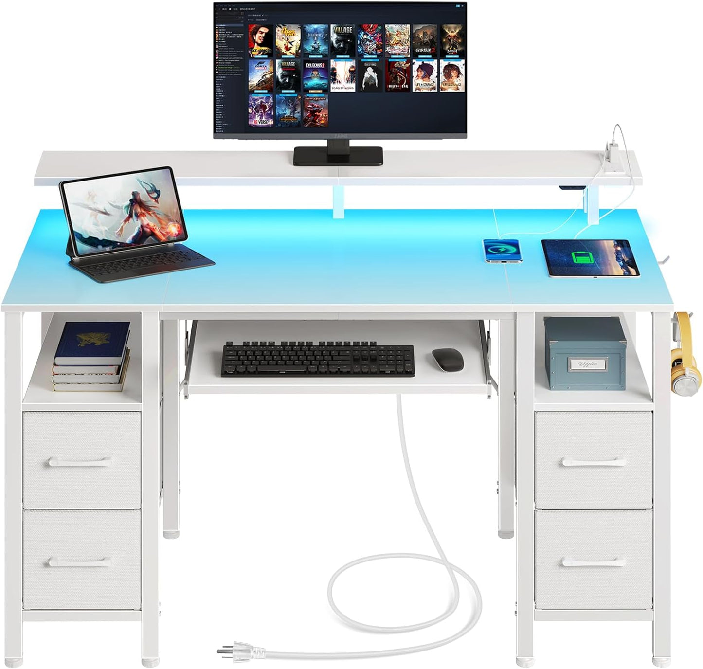Seventable Home Office Desk: LED Lights, Power Outlets, 4 Drawers