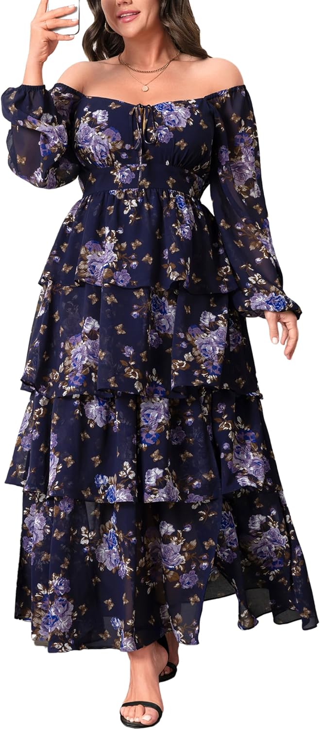 Womens Plus Size Floral Tiered Ruffle Long Sleeve Dress