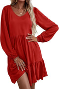 Womens Tiered A Line Dress V Neck with Pockets - Flowy Knee Length