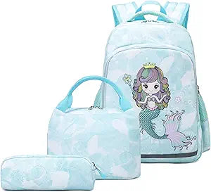 Cute Mermaid Kids Backpacks Set with Lunch Tote and Pencil Case