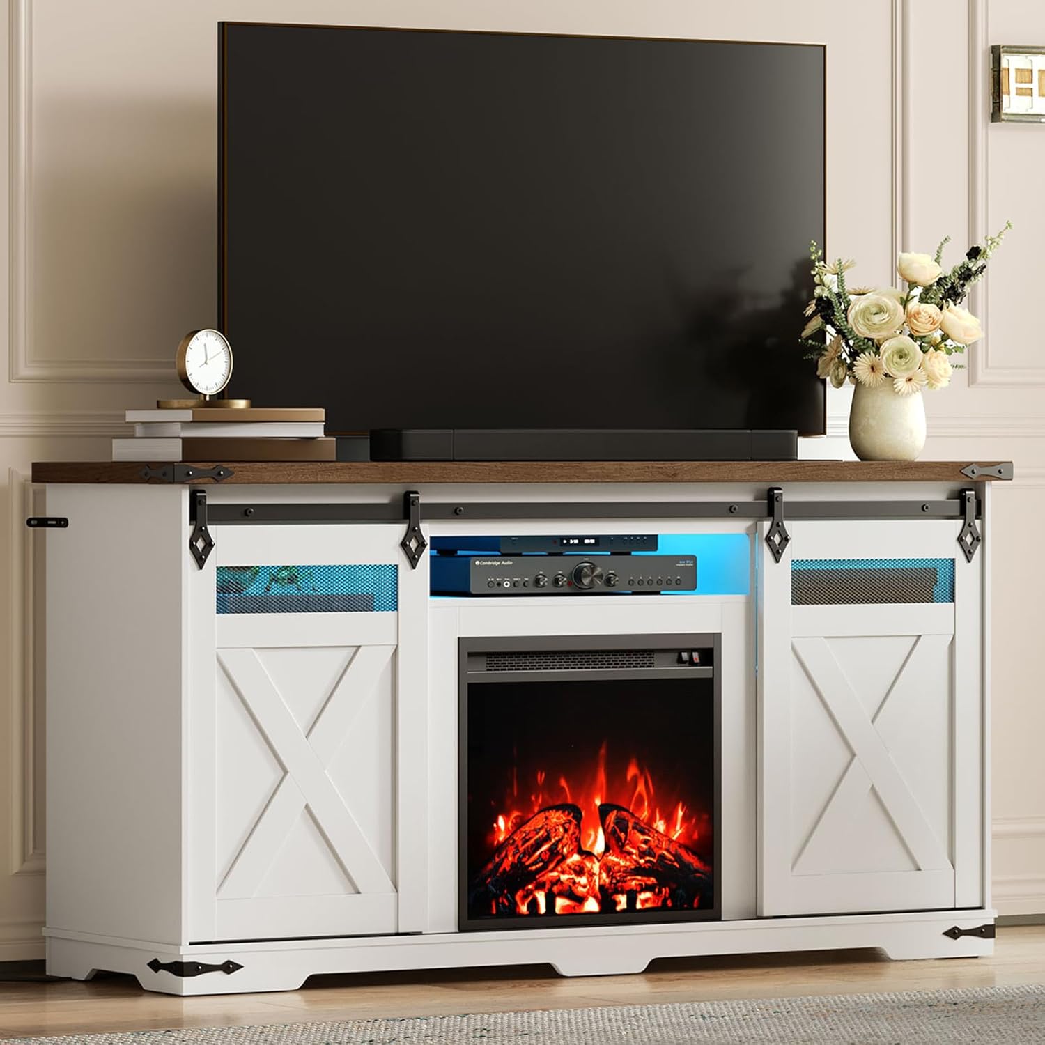 Farmhouse Fireplace TV Stand for 65 TVs, White/Walnut