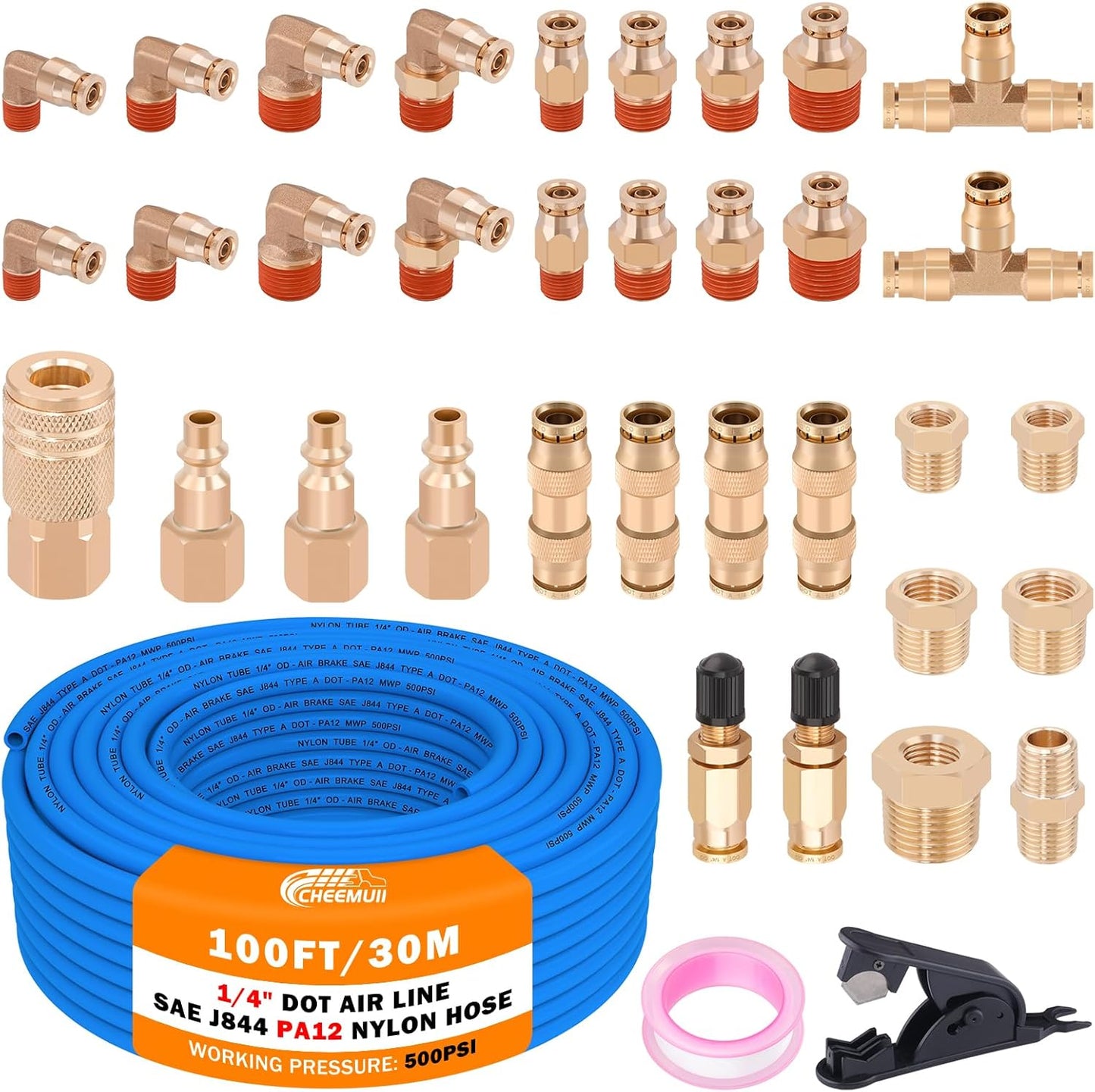 CheeMuii 100 FT 1/4 DOT Air Line with Brass Fittings Kit