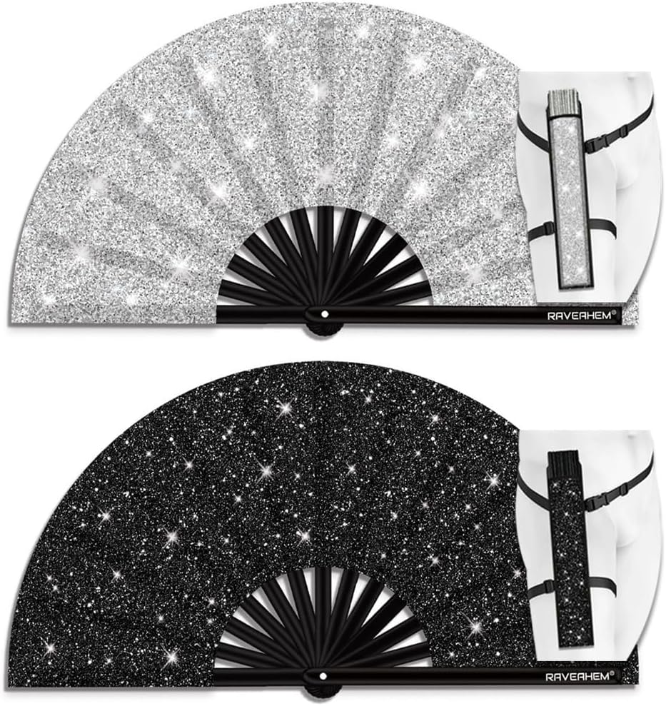 Glitter Large Rave Folding Clack Hand Fan for Festivals and Parties