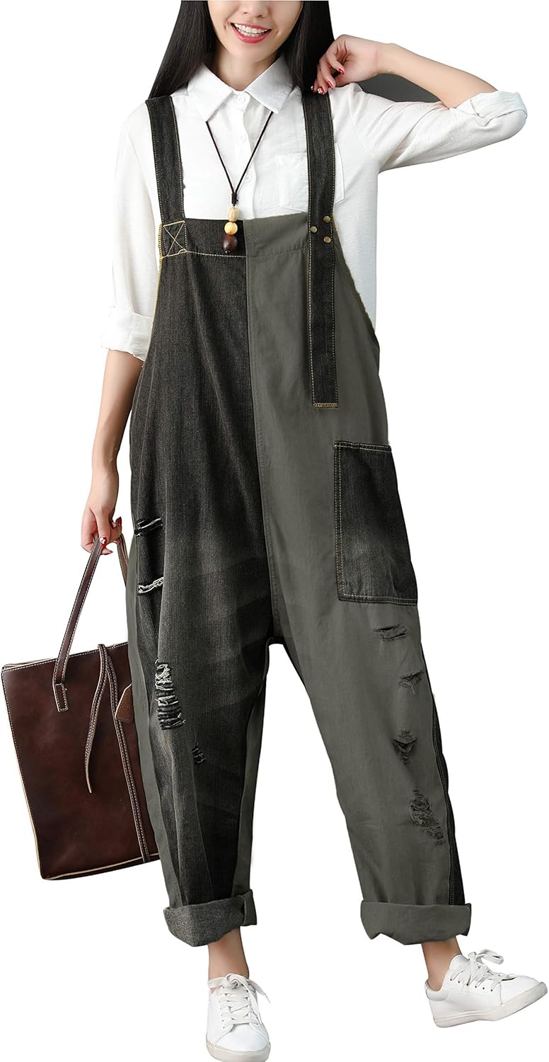 Yeokou Women's Loose Baggy Denim Wide Leg Jumpsuit Rompers