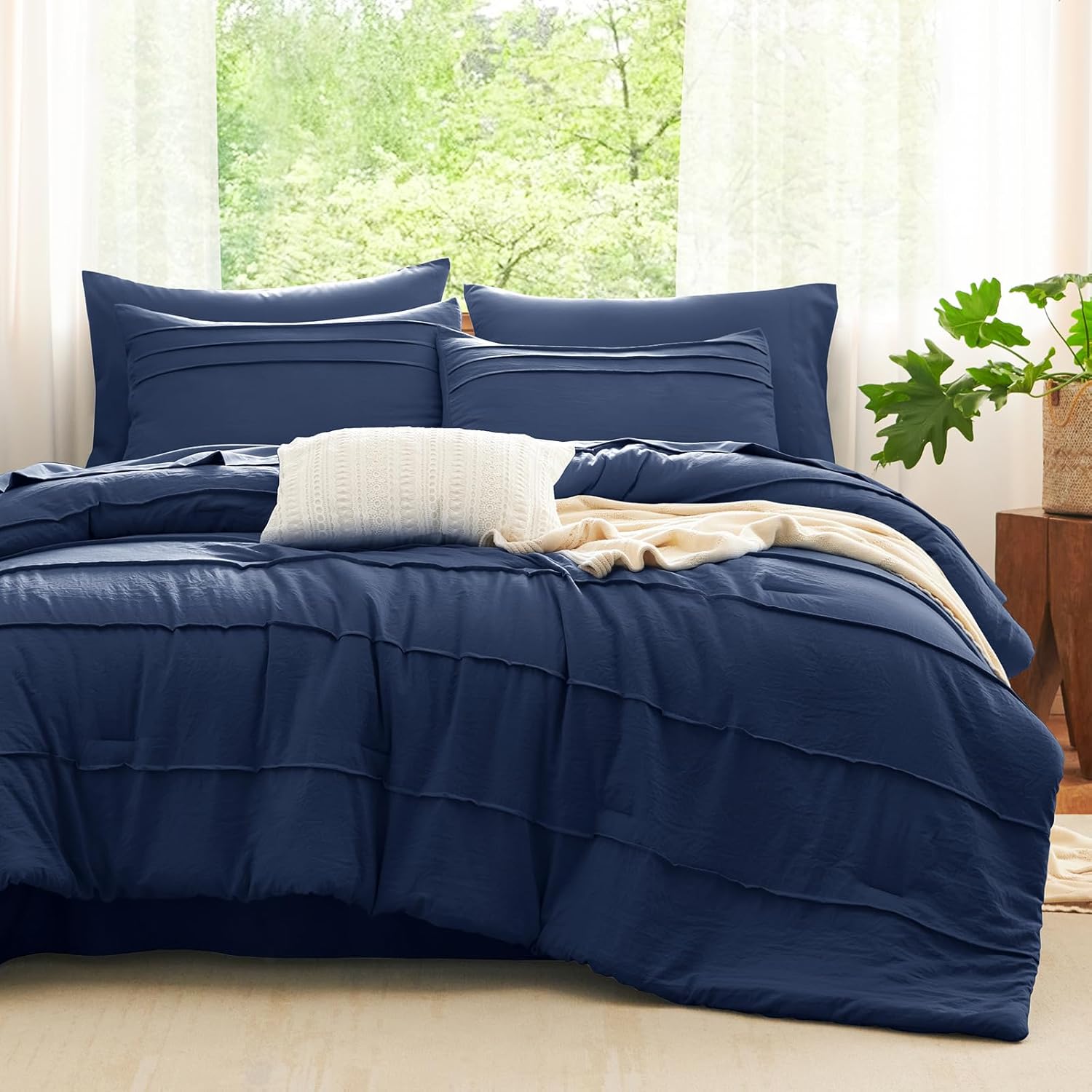 CozyLux Queen Comforter Set Navy Blue - 7 Piece Soft Bedding