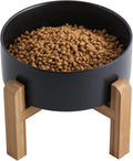 Black Elevated Raised Dog Bowl Ceramic with Wood Stand - Large Bowl