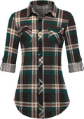 DJT Womens Soft Stretchy Knit Plaid Shirt - Comfortable Roll-Up Button