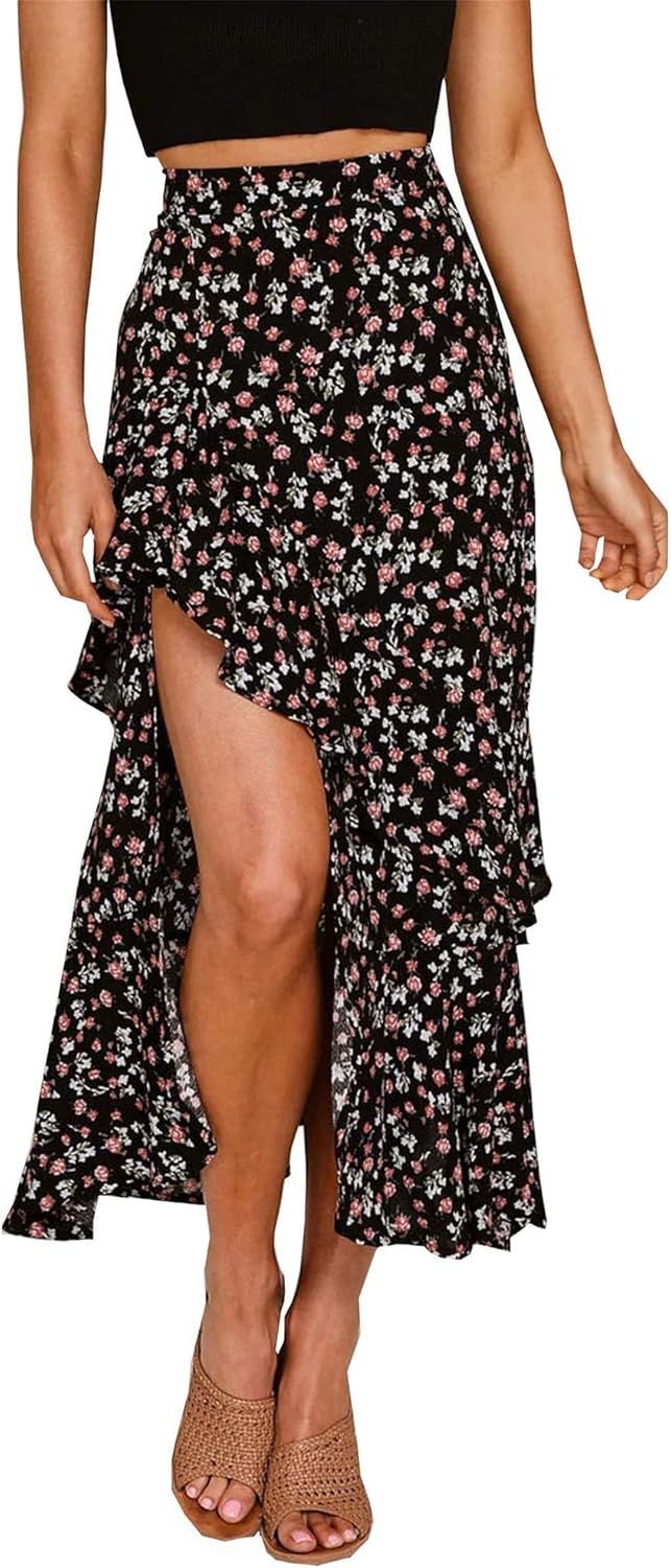 BTFBM Women Boho Long Skirts Dress Floral Print High Low Style