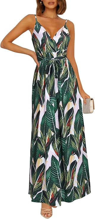 OUGES Womens Summer Deep V Neck Floral Adjustable Maxi Dress