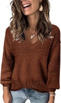 FEKOAFE Womens V Neck Hollow Knit Pullover Sweater