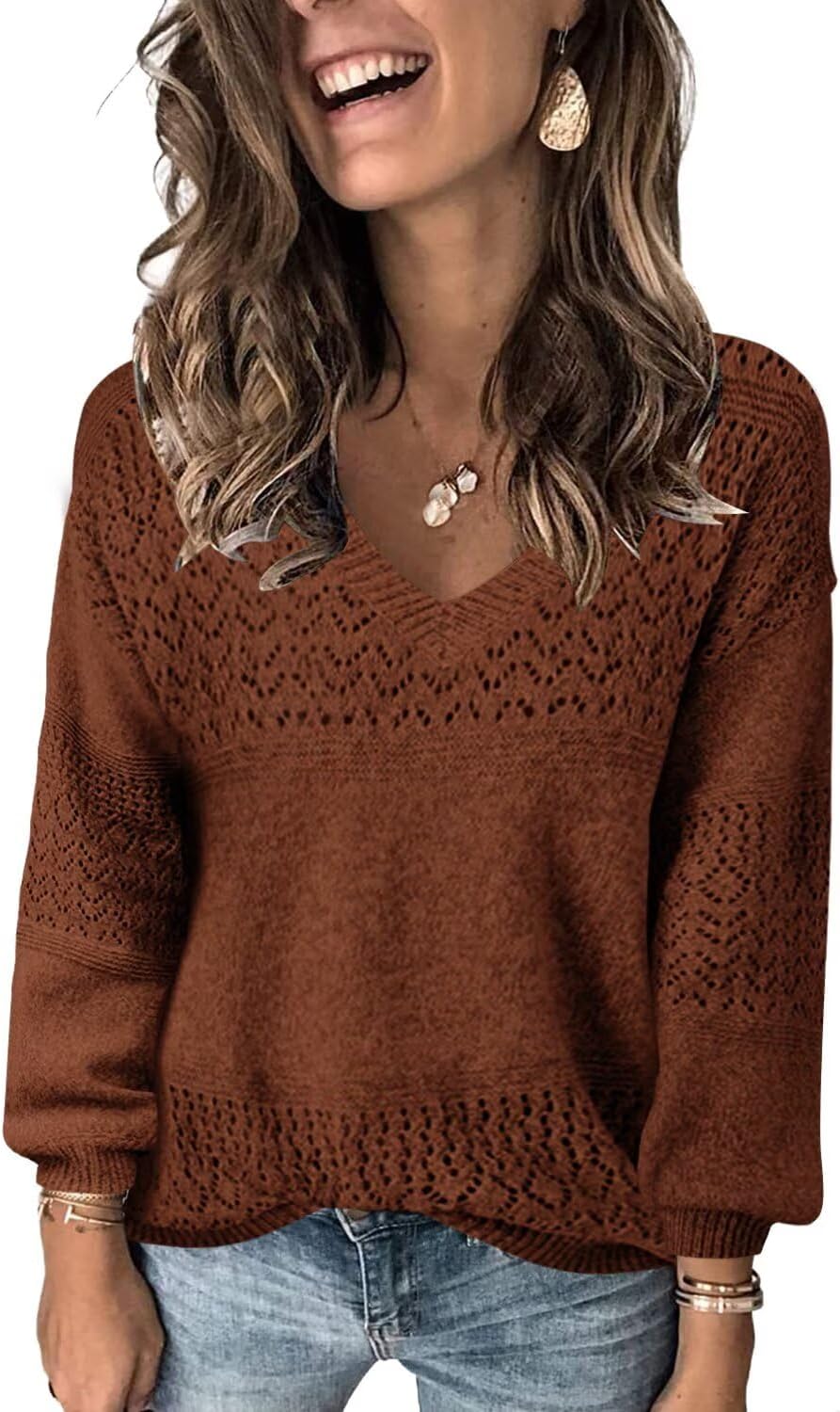 FEKOAFE Womens V Neck Long Sleeve Hollow Knit Pullover Sweater