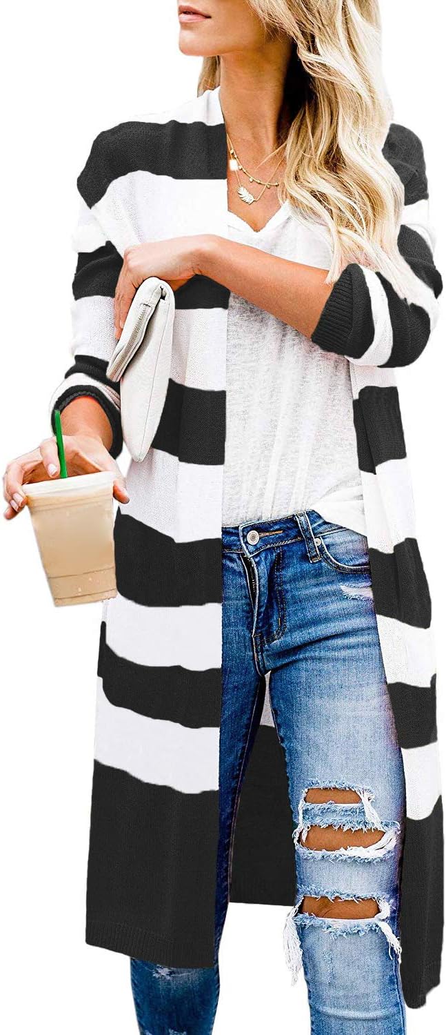 CARDYDONY Women's Long Cardigan Open Front Color Block Sweater