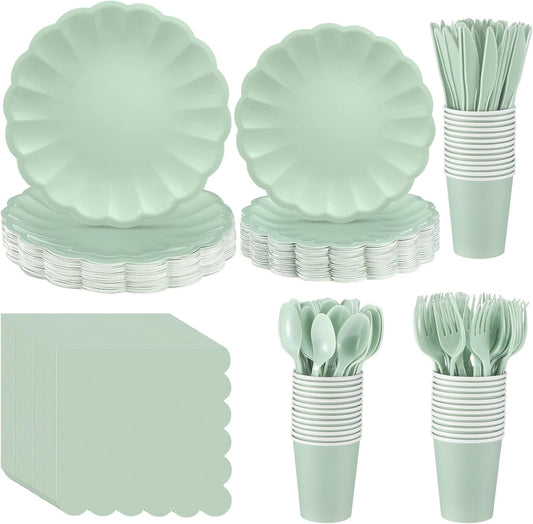 Complete 350 Pcs Light Green Scalloped Paper Plates Set