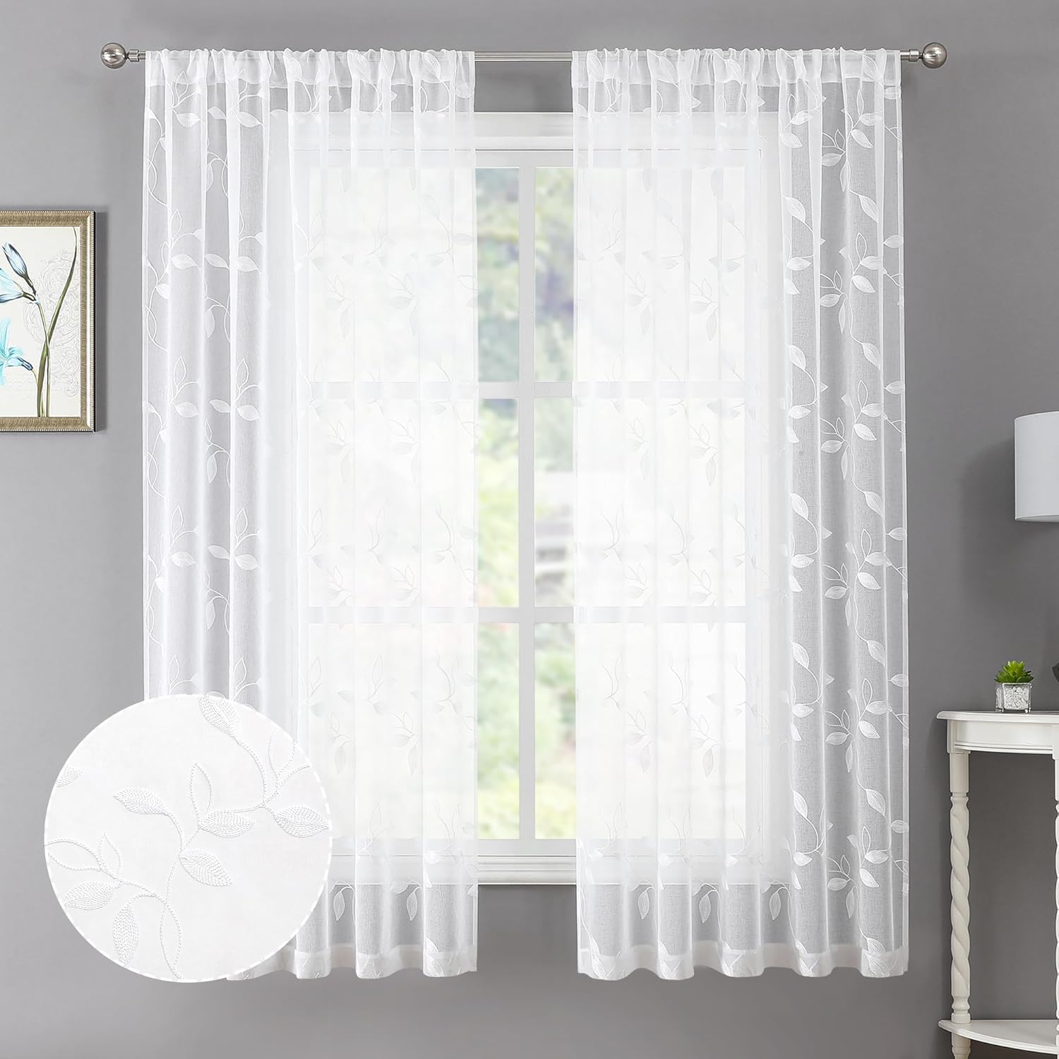 Tollpiz White Leaf Sheer Curtains - Botanical Elegance for Your Home