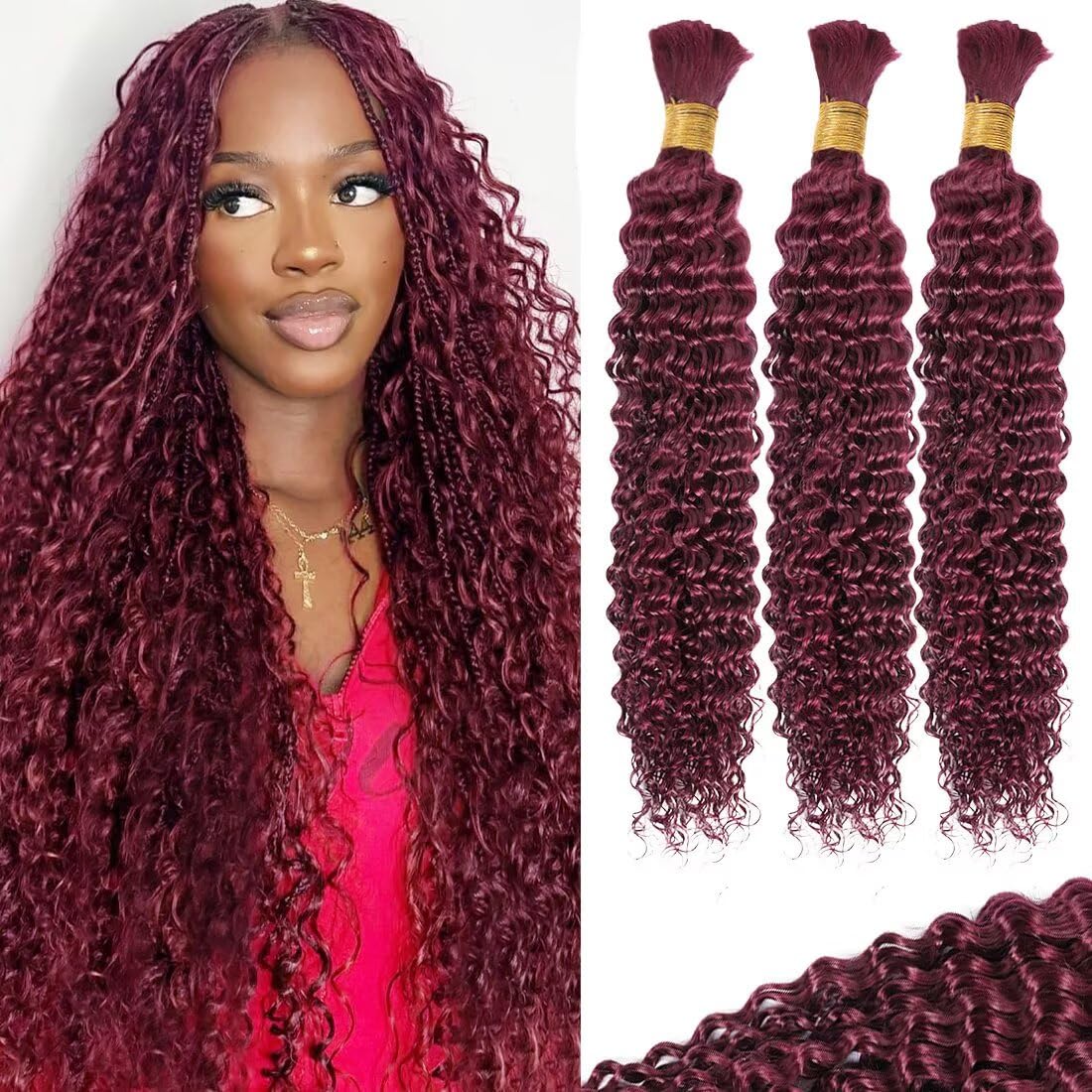 Burgundy Human Braiding Hair for Boho Braids 16 Inch Curly