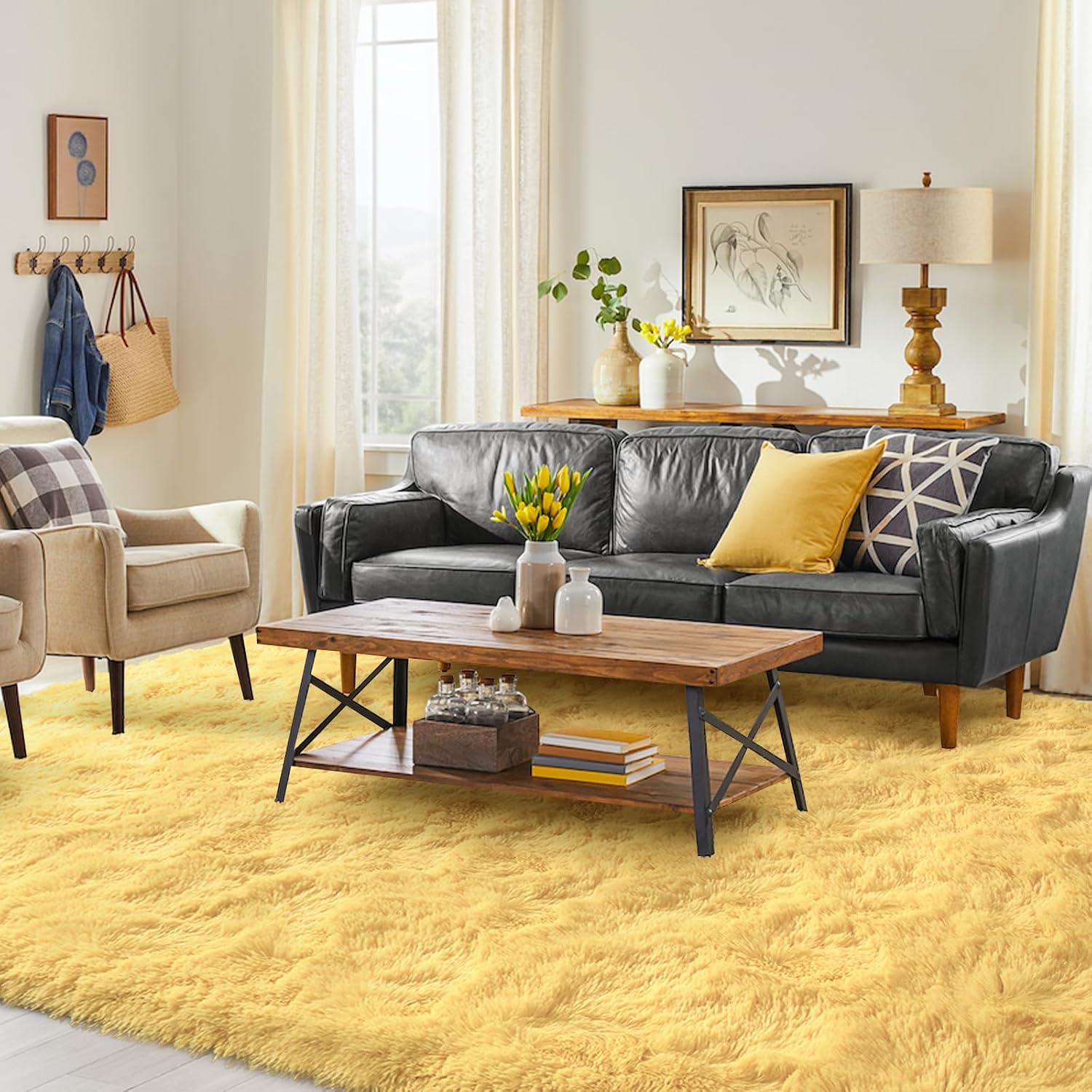 FinRec 5x8 Feet Yellow Rugs for Cozy Living Room and Bedroom
