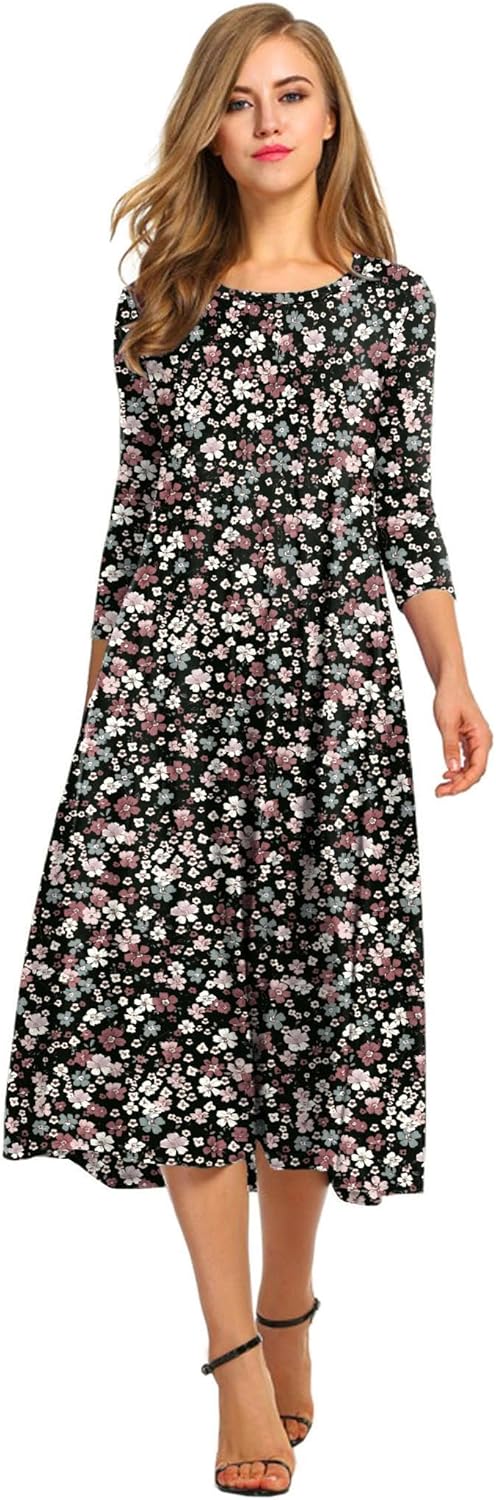 HOTOUCH Women's 3/4 Sleeve A-line Midi Long Dress for Elegance