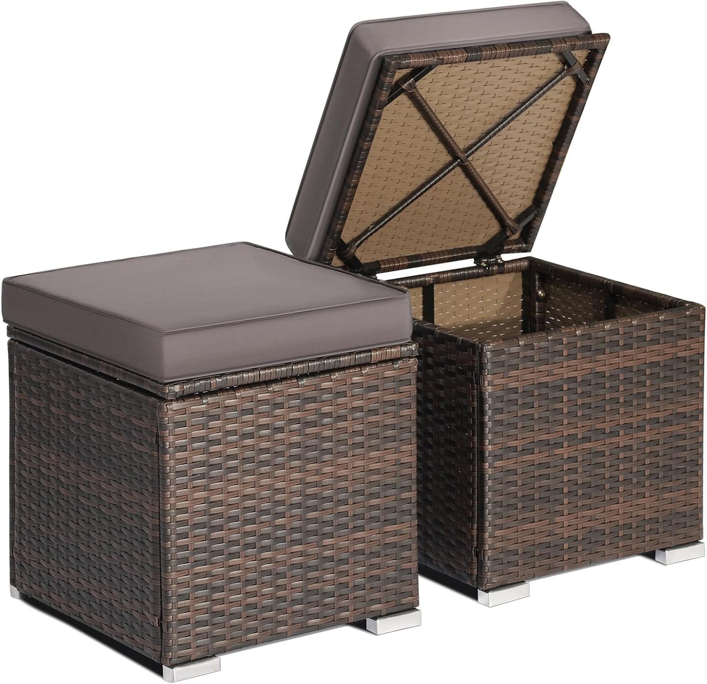 Wicker Outdoor Storage Ottoman Set of 2 for Patio and Deck