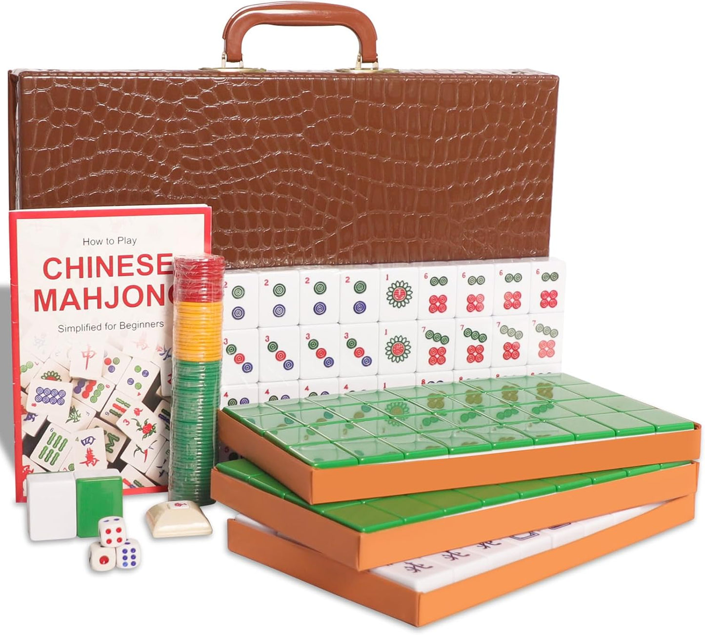Chinese Mahjong Set with 146 Large Tiles and Brown Case