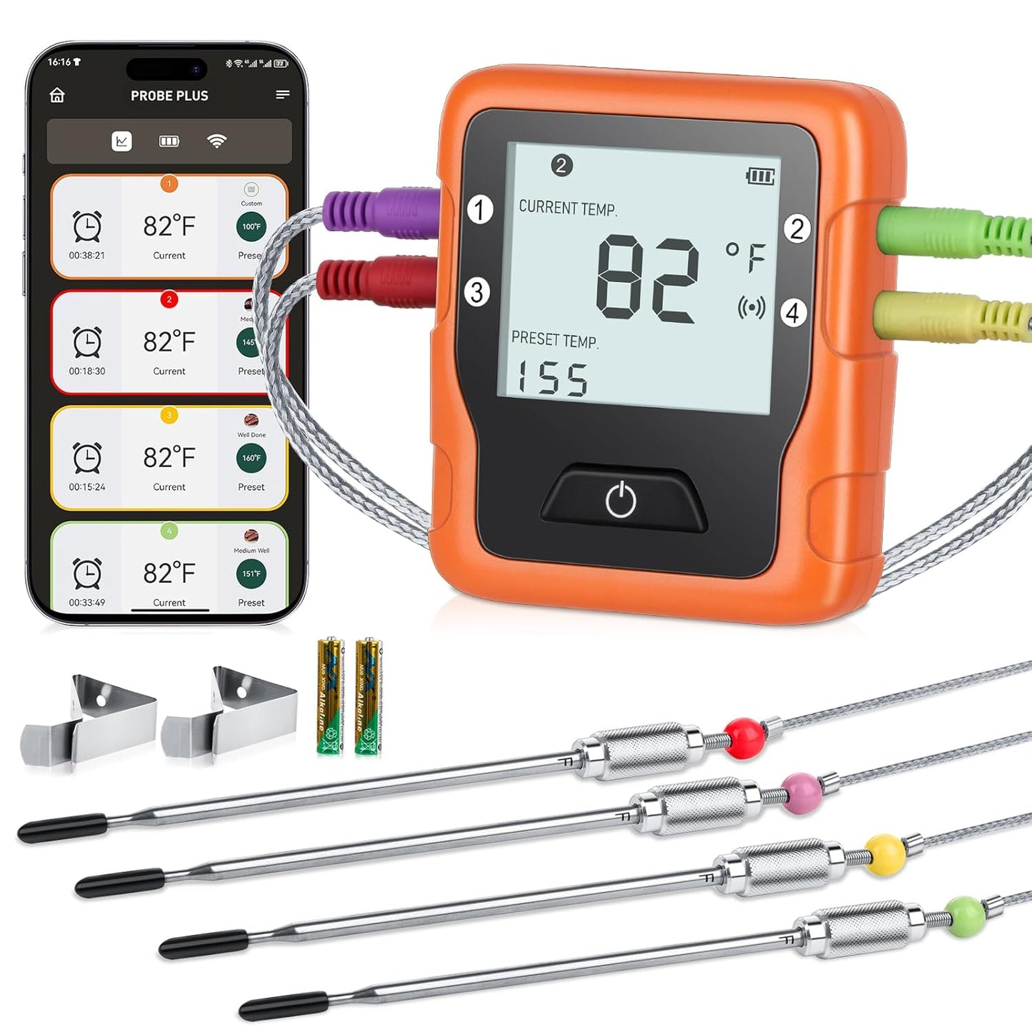 Wireless Meat Thermometer: 4 Probes, Smart Alarm