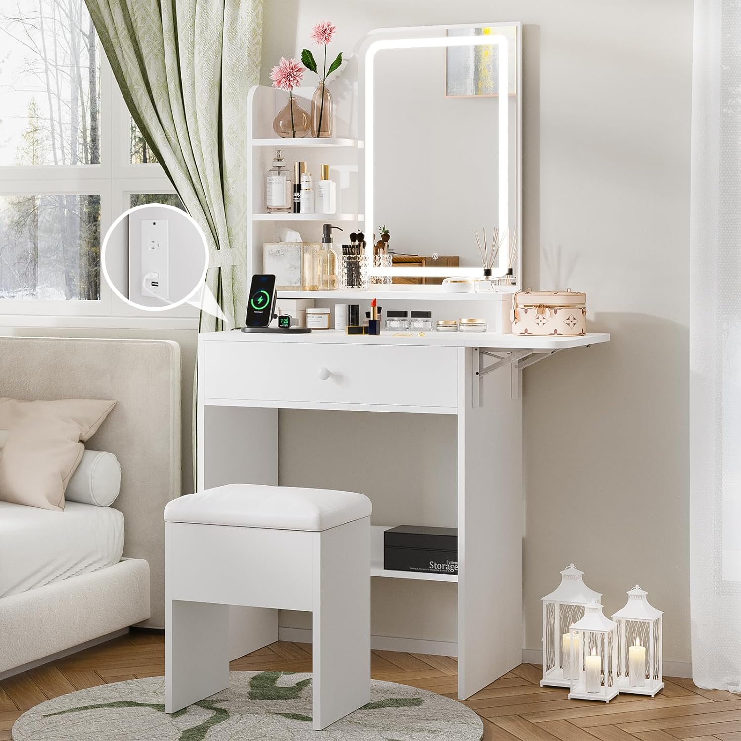 Haewon White Makeup Vanity Desk with Lights & Storage
