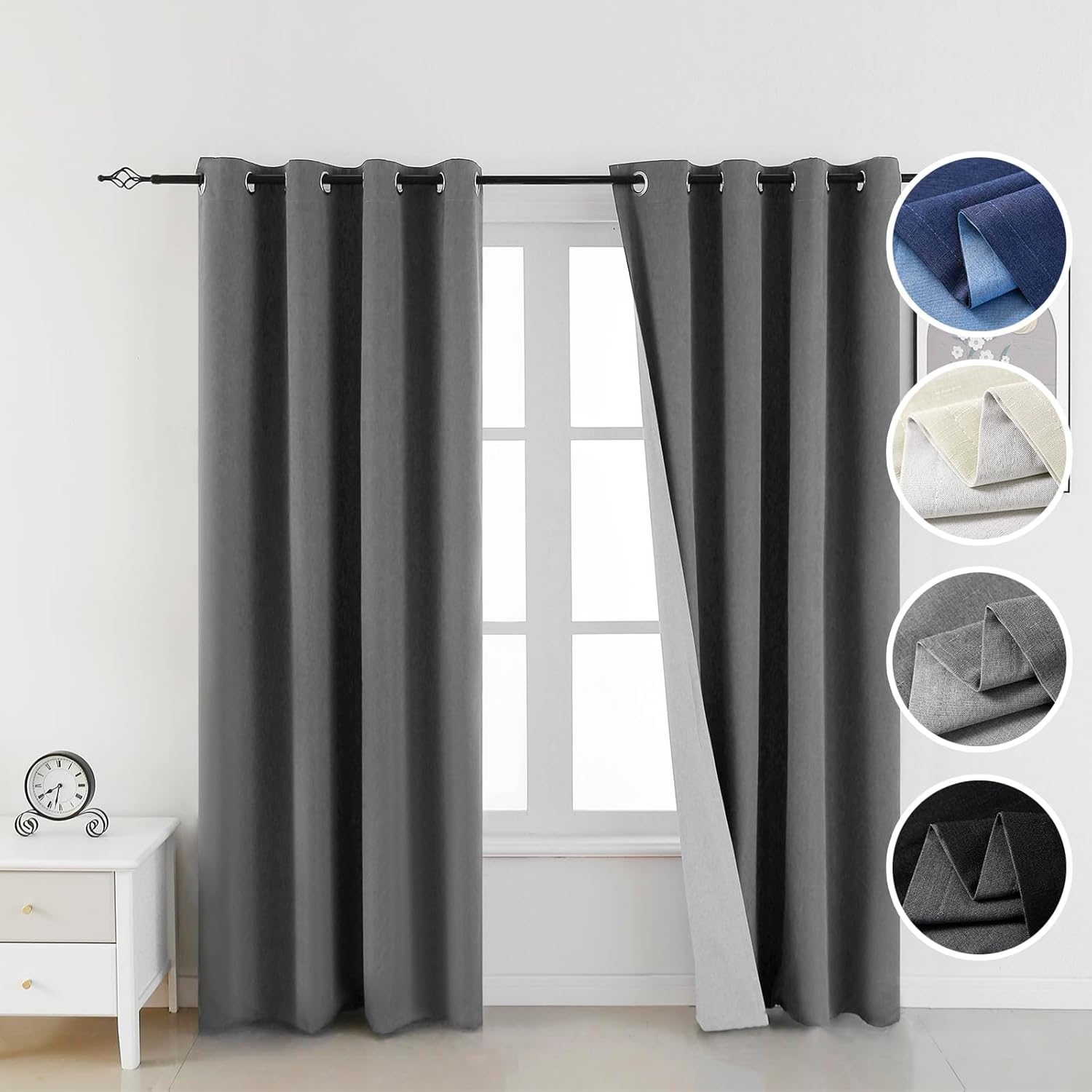 Double Layer Blackout Linen Curtains - 100% Grey, Room Darkening, 84 Inch Long - 52x84, 2 Panels